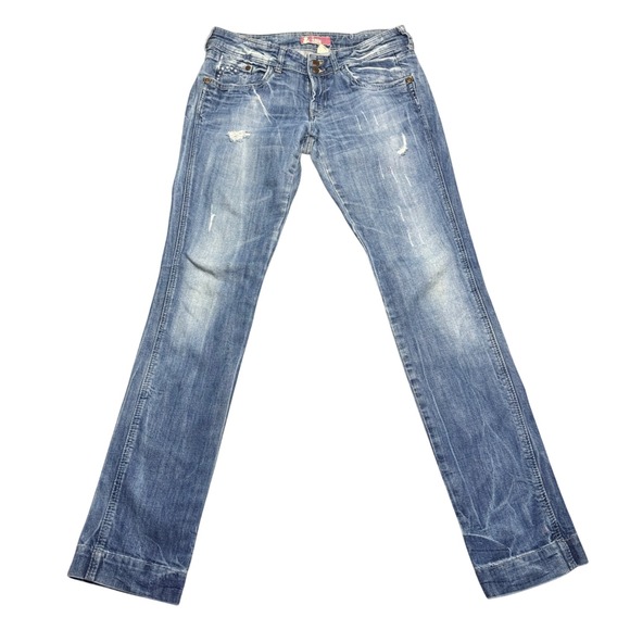 H&M Fit & Soin Women's Distressed Wash Denim Jeans Size 31 Embellished Pockets - Picture 1 of 13